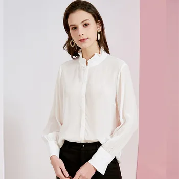 

100% REAL SILK Office Lady CREPE Blouses 2020 New Women's Handmade Beads Stand Collar Silk Shirt