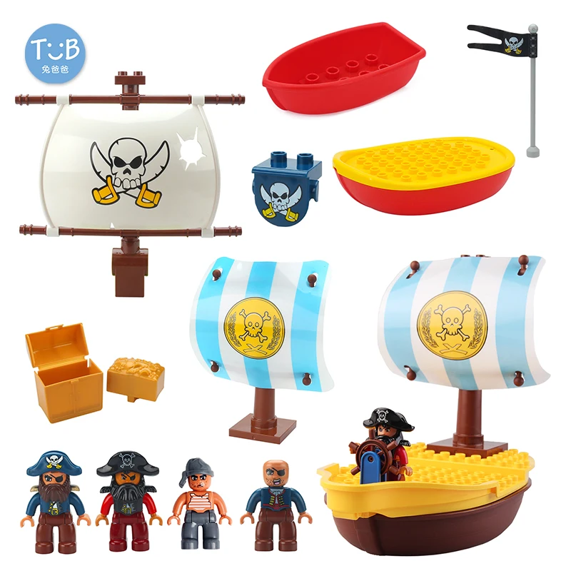 

Big Building Block Carib Treasure War Pirate Ship Model Accessories Diy Bricks Compatible Duplo captain Jack Toy Sets Baby Gifts
