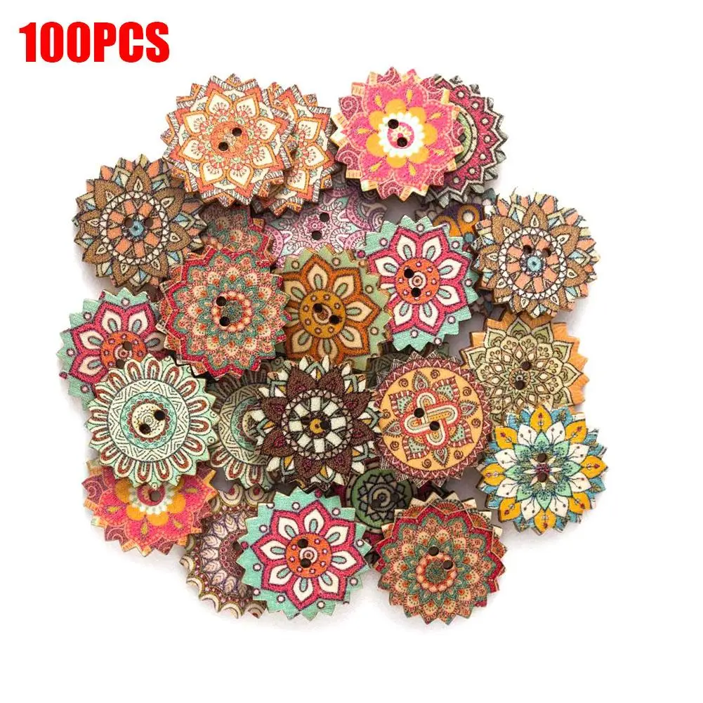

100PCS/Bag 20MM/25MM Vintage Gear Wooden Button Two-Eye Printed DIY Sewing Accessories Wooden Buttons For Clothing