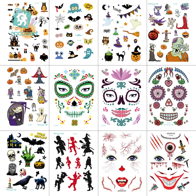 

10Sheets Halloween Tattoo Face Makeup and Terror Spider Scar Mask Pumpkin Lamp Design Fake Temporary Waterproof Tattoo Sticker