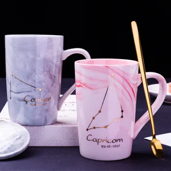 

Creative Ceramic Mugs 12 Constellations Mugs with Spoon Lid Pink and Gery Zodiac Coffee Tea Milk Cups Drinkware Novelty Gifts