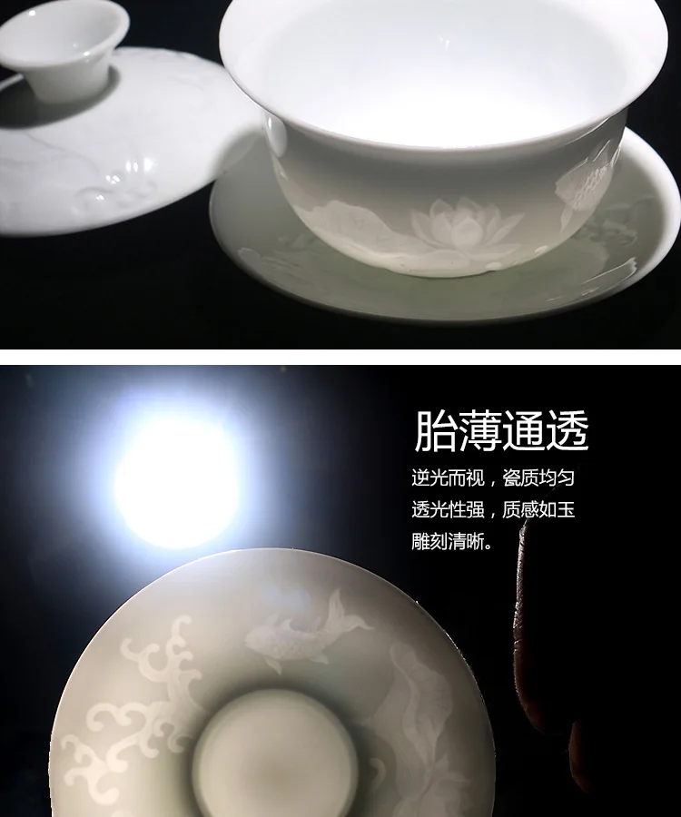 High White Ceramic Shadow Engraving Blue Pattern Three-force Tureen Celadon Tea Bowl Tea Cup Large Size Are the Tea Trays Kung F
