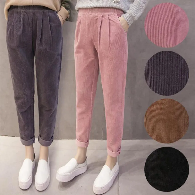 Женские брюки корейские розовые шаровары с эластичной талией осенние зимние вельветовые брюки повседневные черные брюки размера плюс брюки S-2XL