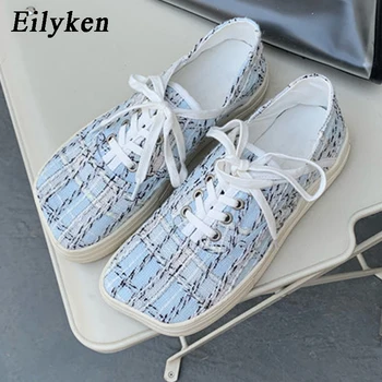 

Eilyken 2020 Spring Autumn New Mixed Color Gingham Canvas Low-Top Flat Bottom Casual Solid Square Head Lace-up Women Shoes