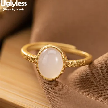 

Uglyless Gold Heart-shape Open Finger Rings for Women Natural Jade Oval Gemstones Rings 925 Sterling Silver Sweet Gifts Jewelry