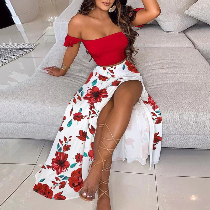 Summer Casaul Skirt Outfits Women Elegant Sexy Off Shoulder Tops And Split Long Dress Suits Fashion Floral Print Two Piece Sets plus size pant suits for special occasions Suits & Blazers