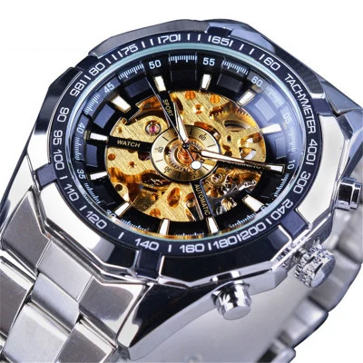 Winner Luxury Hollow Engraving Black Gold Case Leather Automatic Skeleton Mechanical Watches Men Luxury Brand Montre Homme Clock - Цвет: SliverBlackGold