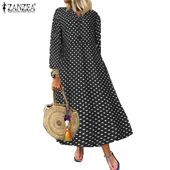 

ZANZEA Bohemian Dress Women Polka Dot Printed Long Maxi Dresses Elegant Lady Stand Collar Buttons Vestidos Beach Party Sundress