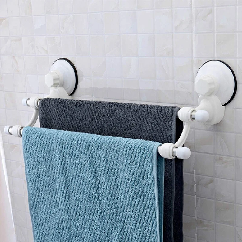 New 18.5 Inch Double Bars Suction Cup Towel Rail Holder Storage Racks Wall Mounted ABS Bathroom Organizer Kitchen Hotel