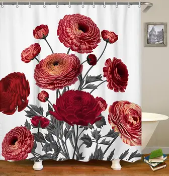 

Vintage Red Floral Fabric Shower Curtain Set with 12 Hooks Decorative