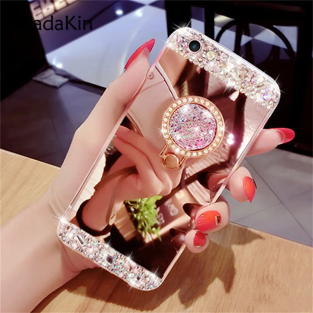 

Bling Rhinestone Soft TPU Mirror Case for Xiaomi Mi 8 SE A2 Max 3 Mix 2S Redmi 4 6 Pro 6A Note 5 Plus S2 With Finger Ring Stand