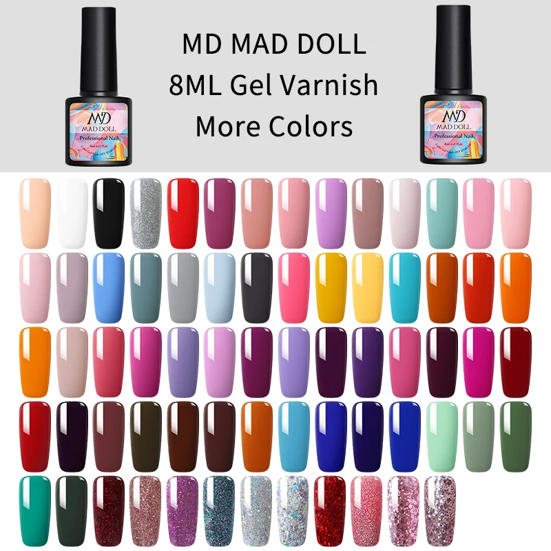 

MD MAD DOLL 8ml Gel Nail Polish Gel Varnish Paint Semi Permanent Soak Off Gel Polish for Manicuring Gellack Top Coat 60 Colors