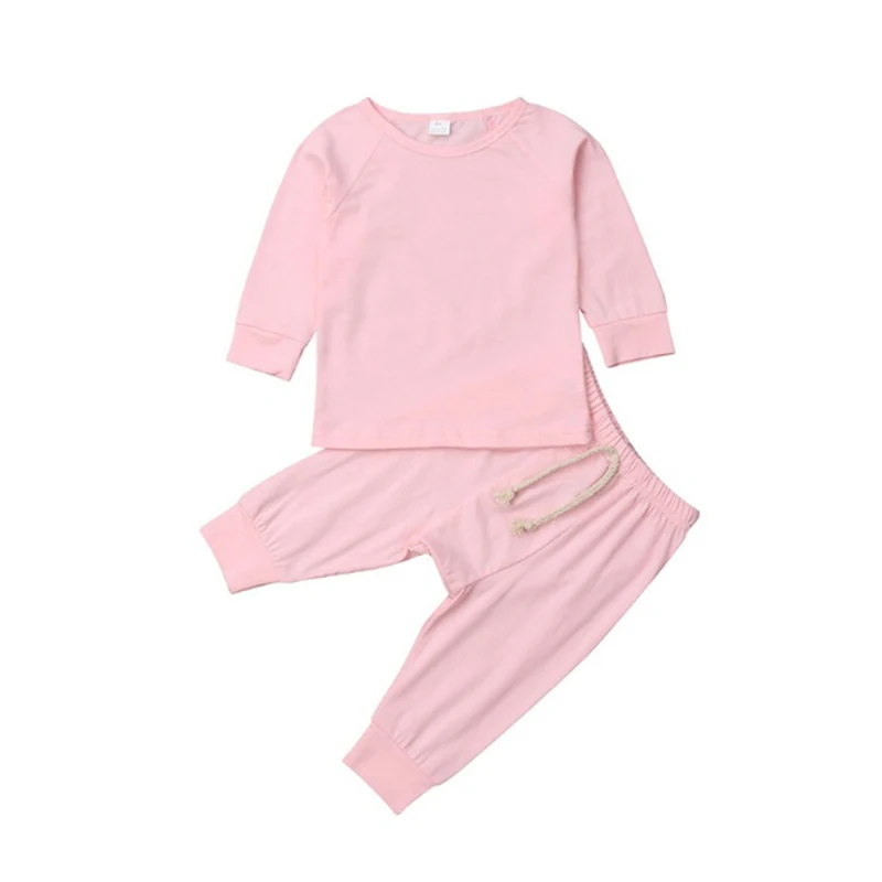 Newborn Kids Baby Boy Girl Clothing Solid Color Pajamas Pjs Set Cotton Sleepwear Nightwear Cute Outfit Home Wear - Цвет: pink