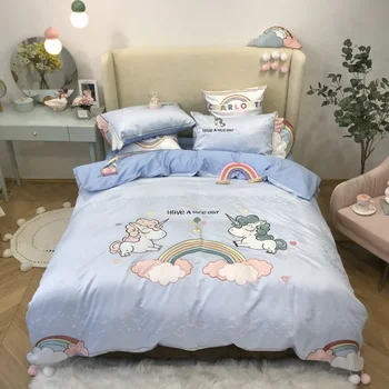 

Blue Pink White Cartoon Unicorn Satin Jacquard Like Silk Cotton Girl Bedding Set Duvet Cover Bed Linen Fitted Sheet Pillowcases