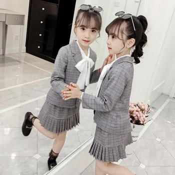 Kids girls summer 2pcs suit suit, short-sleeved plaid suit jacket + skirts new big virgin suit 4-12 years old 3