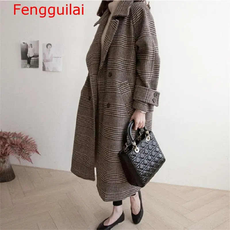

Thick Plaid Elegant Coat Woolen Streetwear Warm Windbreaker New Women Trench Fashion Long Female Plus Size Overcoat