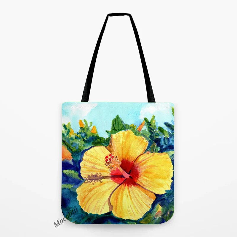 

Multicolor Floral Tropical Plants Watercolor Frangipani Painting Style Shopper Tote Bag Water Resistant Linen Decor Shoulder Bag