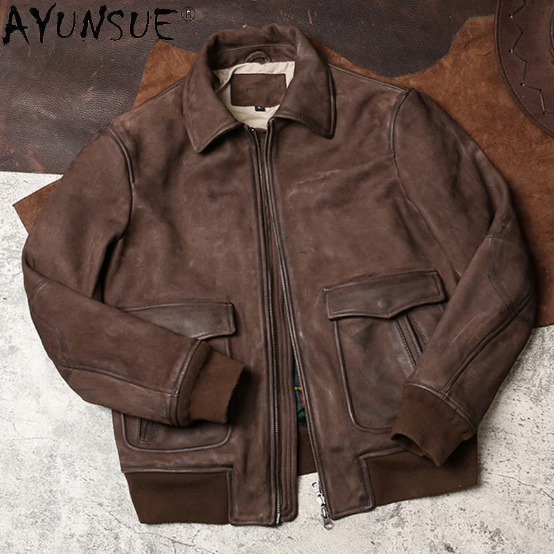 

AYUNSUE Men's Genuine Leather Jacket Men Vintage Cowhide Goatskin Leather Coat Autumn Winter Bomber Flight Jacket Plus Size KJ