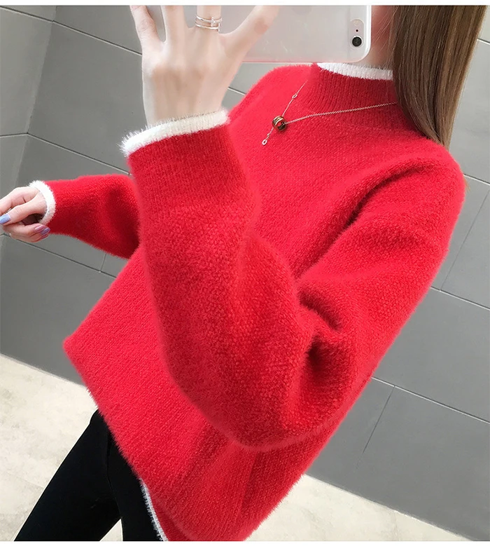 Женский вязаный свитер из норки и кашемира SURMIITRO, повседневная теплая водолазка, белый синий красный цвет джемпер с длинным рукавом в корейском стиле для женщин в осенне-зимний период