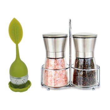 

HOT 1 Pcs Infuser Tea Strainer Lid with Silicone Green & 1 Set Stainless Steel Salt and Pepper Grinder Set with Stand