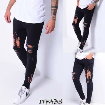 

Men Stretchy Ripped Pants Male Skinny Biker Geometric Print Slim Fit Destroyed Hole Taped Denim Scratched High Quality Trousers