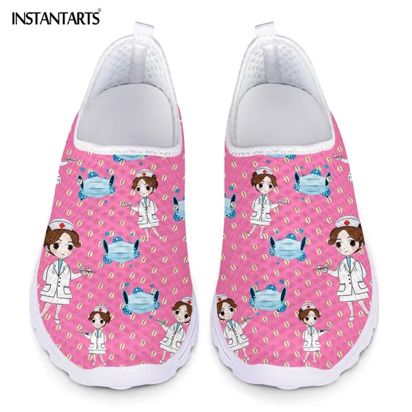 INSTANTARTS Nurse Shoes Summer Flats Women Shoes Mesh Sneakers Shoe Woman Cartoon Doctor Hospital Skech Print zapatos de mujer 