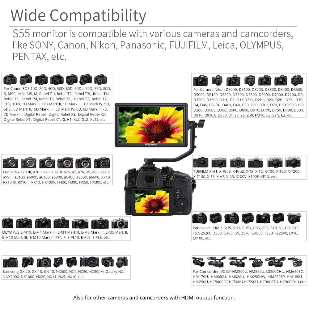 Exibição de Campo dc para Nikon Feelworld Polegada Dslr Câmera 4k Hdmi Lcd Ips hd 1280x720 Monitor 8.4v Saída Sony Canon S55 5.5 - Image 6