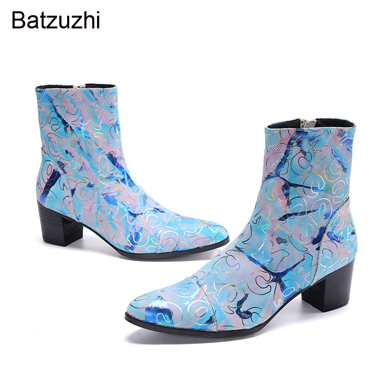 Batzuzhi Rock Personality Men's Genuine Leather Ankle Boots for Party and Wedding Botas Hombre 7.5cm High Heels Blue Boots Men