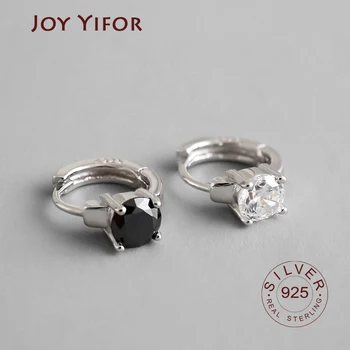 

100% Real Pure 925 Sterling Silver Hoop Earring for Women White/Black CZ Crystal Zirconia Earing Jewelry