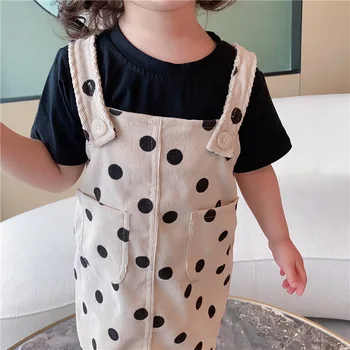 

WLG Girls Dress Kids Summer Dot Corduroy Beige Green Dresses Baby Girl Casual All Match Clothes for 2-7 Years