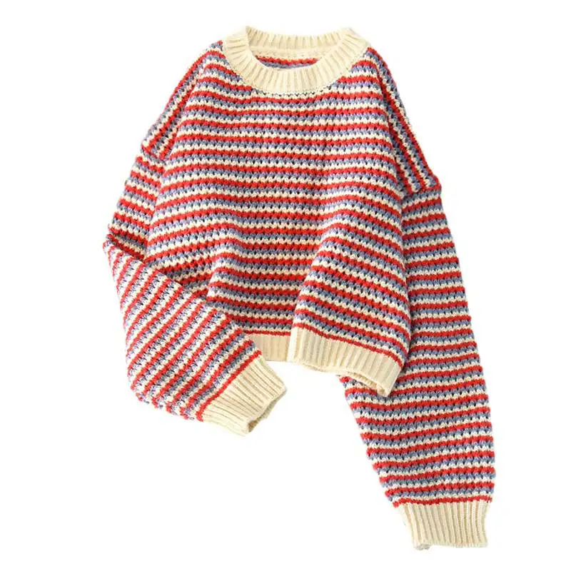 

Women's Sweater Pullover Striped Knitted Sweater Thick Line Sweater Loose Outer Wear Korean High Waist Lazy Wind
