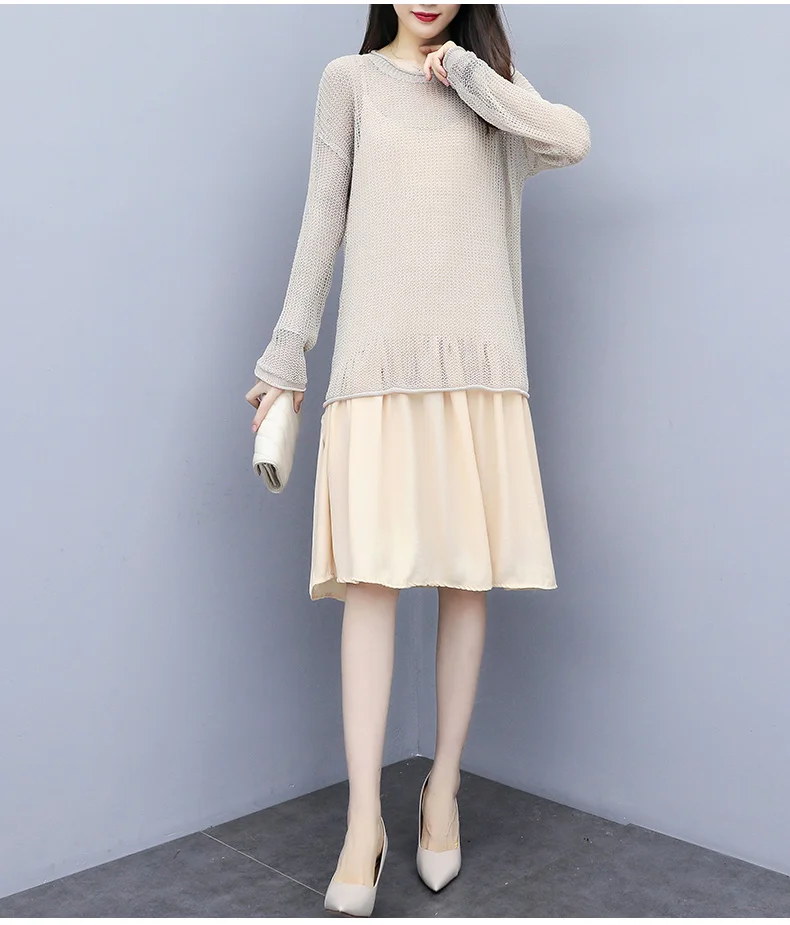

Fashion Women Two Piece Outfits 2019 Autumn Ins Long Sleeve O-neck Loose Knit Top + Suspender Chiffon dress Two piece Set