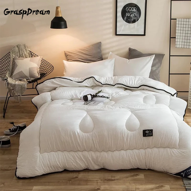 

Luxury washed cotton winter quilt solid color embroidered autumn quilt single double core comforter king/queen/twin/full size