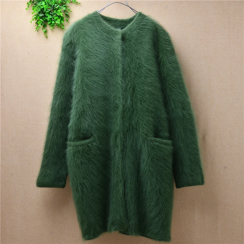 Topcoat female winter coats green color mink cashmere with buttons and pockets use angora rabbit fur loose coat  long sleeves