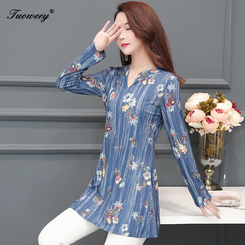 Cena Plus rozmiar 5XL luźny dekolt w serek jesień wiosna bluzka vintage kobiety Vestidos w średnim wieku 2019 luźna w stylu retro party panie blusas Vestido