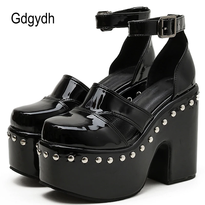 

Gdgydh Rivet Black Gothic Style Women Heeled Shoes Chunky Heels Hot INS Cool Summer Goth Platform Pumps Woman Two-Piece Big Size