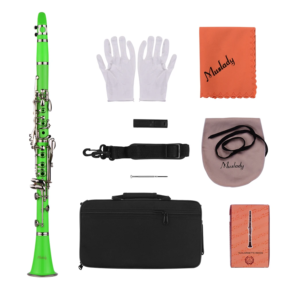 Muslady ABS 17-клавишным кларнет в строе Bb плоская подошва для переноски Чехол перчатки, Чистящая салфетка мини-отвертка Рид Чехол камыш духовой инструмент - Цвет: Зеленый