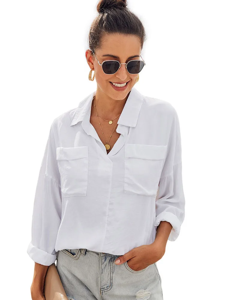 

Loose Casual Professional Shirt 2020 Spring Summer New European American Women's Solid Lapel Long Sleeve Plus Size White Blouse