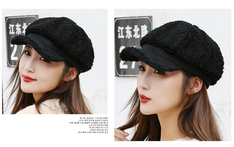 Winter Women's Cap Ladies Octagonal Hat Beret Lambswool Plush Warm Outdoor Female Visor Soft High Quality BT0057