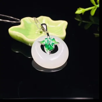 

925 Sterling Silver HeTian White Jade Round Inlay Green Maple Leaf Enamel Lucky Pendant Necklace For Women Charm Jewelry