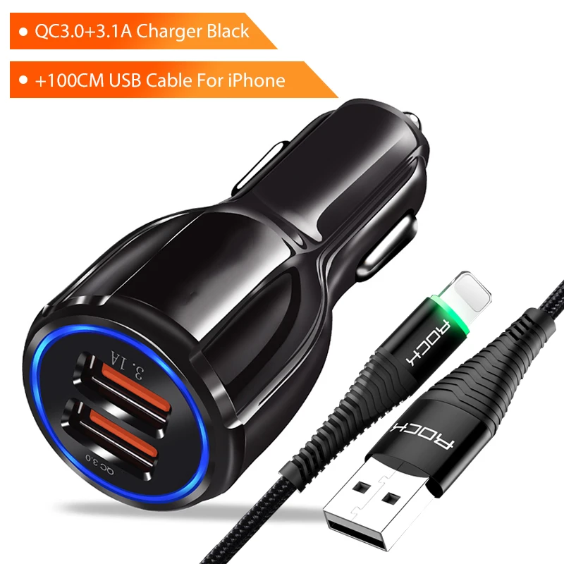 Автомобильное зарядное устройство ROCK QC 3,0 с двумя usb-портами для iPhone, samsung, Xiaomi, Quick Charge 3,0 2,0, зарядное устройство для мобильного телефона, 2 порта, USB, быстрое автомобильное зарядное устройство - Тип штекера: Power Set For iPhone