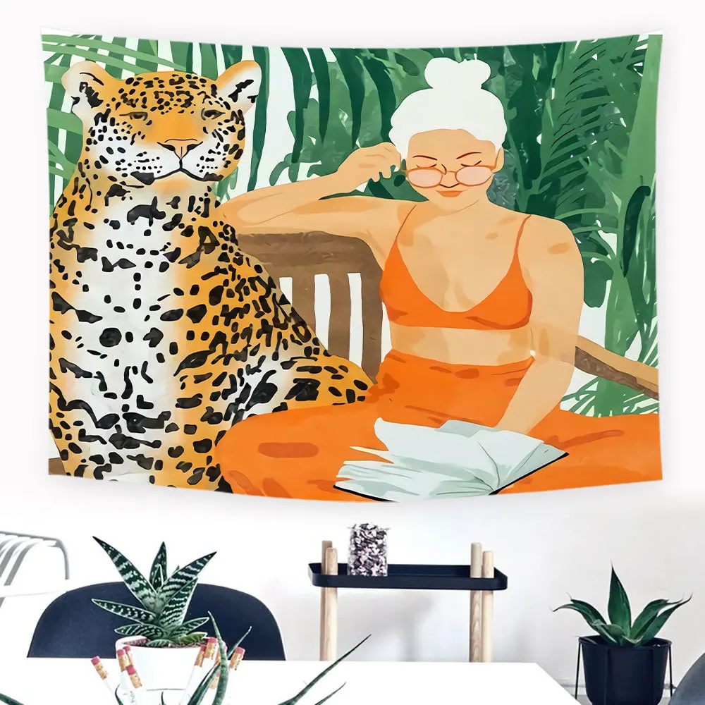 Tiger And Sexy Woman Wall Hanging Tapestry Polyester Fabric Modern Home Dorm Decor 200*150 Large Garden Decorative Blanket |