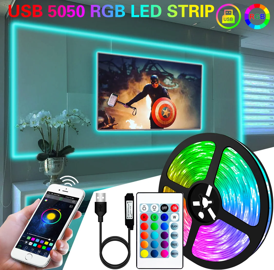 1M 2M 3M 5M 10M LED Strip Light Flexible Lamp USB Bluetooth Led Lighting 5050 RGB Tape Diode For TikTok Light TV BackLight Party