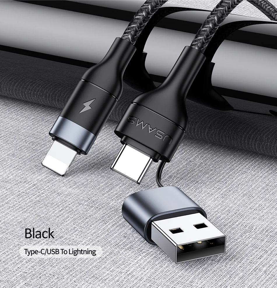 USAMS 2 в 1 USB C к usb type C кабель для Xiaomi huawei samsung USB C к Lightning Быстрая зарядка кабель Шнур для iPhone