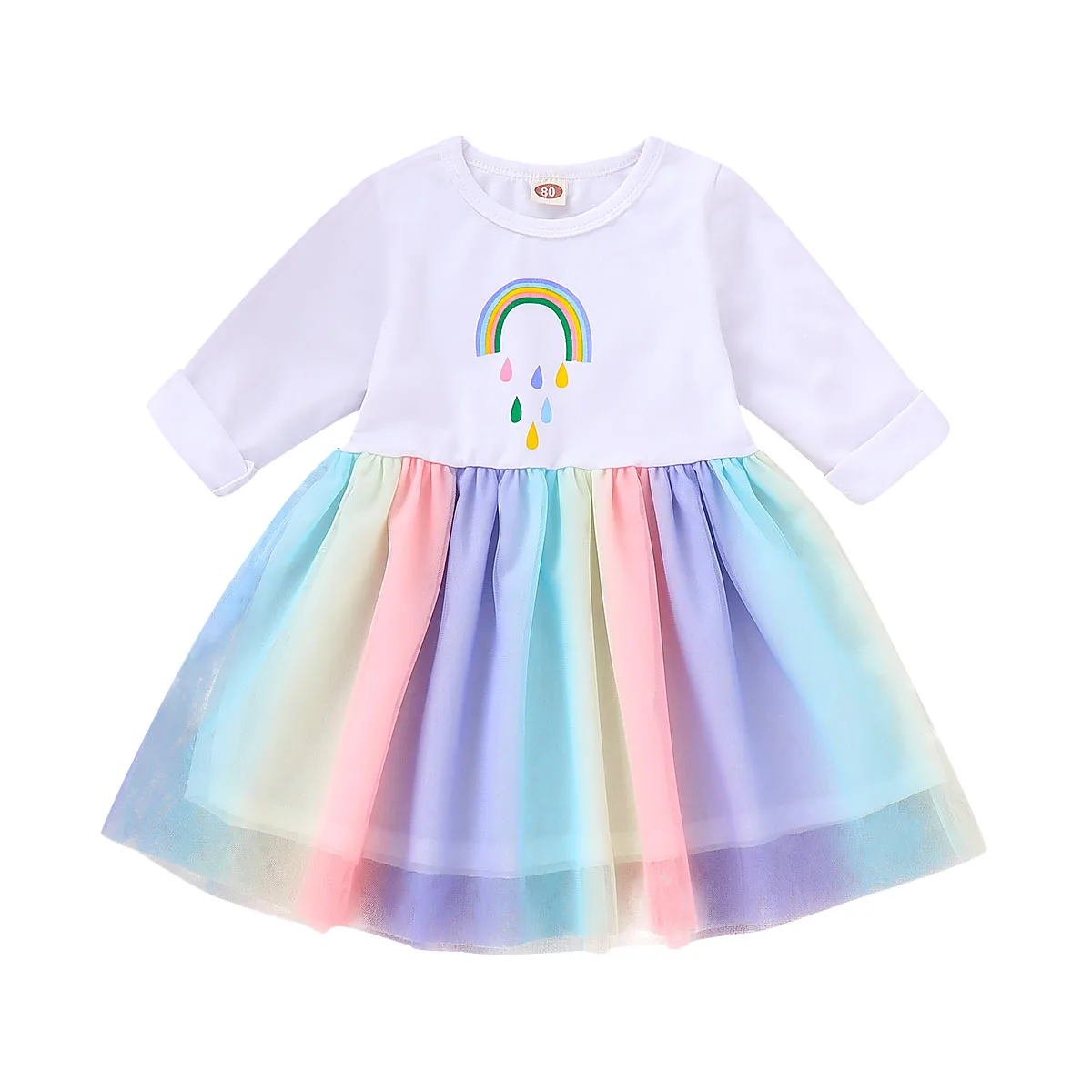 Платье принцессы для маленьких детей Осеннее платье для девочек на возраст от 0 до 18 месяцев, с принтом радуги, кружевное платье с длинными рукавами Длина по колено, пэчворк, платье-пачка