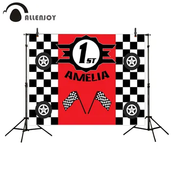 

Allenjoy Black White Lattice Photocall Banner Racing Car Tire Flags Baby Shower Celebrate Backdrops 1st Birthday Party Wallpaper