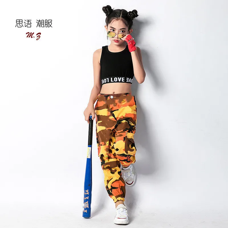 

Kids Hip Hop Dance Clothing for Girls Jazz Vest Top Camouflage Full Pants Costumes Ballroom Dancing Clothes Outfits 4 -16 year