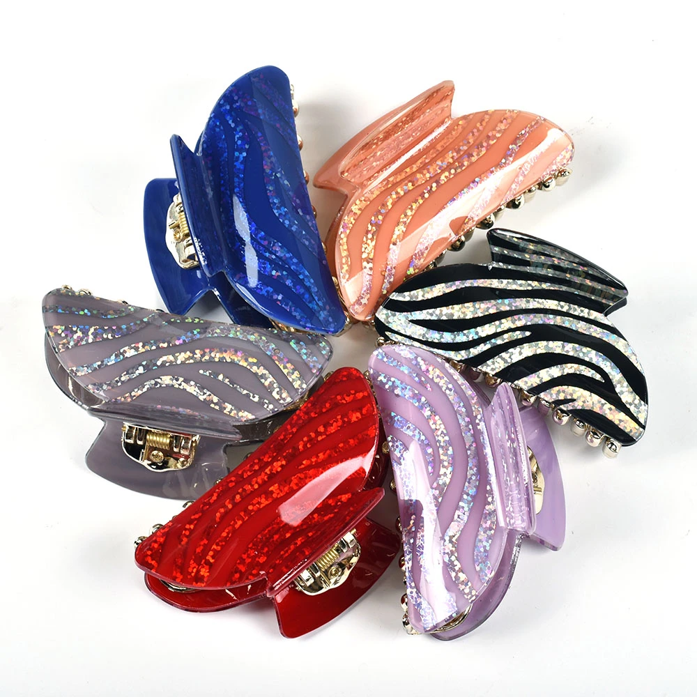 vintage hair clips 6.5cm Sequin Wavy Stripes Medium Hair Claws for Women Hair Barrettes Hairpins Crab Acrylic Clip Hair Accessories bridal hair clip