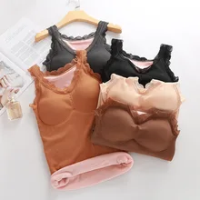 Женское теплое нижнее белье, сексуальный кружевной жилет, мягкие топы, плюс бархат, без рукавов, на бретелях, зимнее термобелье, женское нижнее белье# F