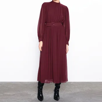 

2020 ZA Chiffon Summer Dress Women Long Sleeve Elastic Belt Back Opening Female Elegant Solid Pleated Midi Dresses Vestidos